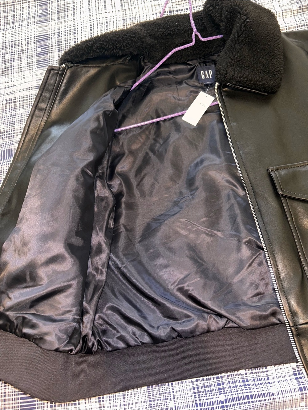 GAP Black Vegan Leather Flight Jacket with Shearling Collar - Picture 13 of 16